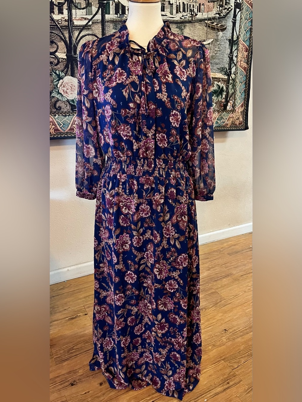 Vince Camuto Floral Lurex Maxi Dress XL Navy Smocked Waist Boho
